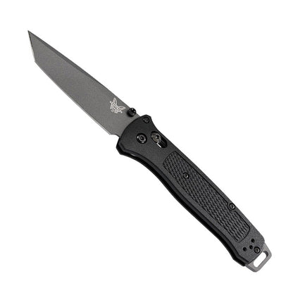 Benchmade 537GY Bailout folding knife with black Grivory handle and tanto blade in closed position