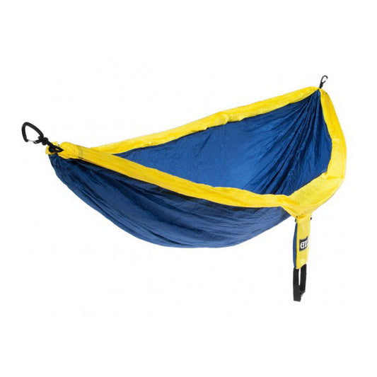 ENO DoubleNest hammock in sapphire blue and yellow colorway with compression sack and carabiners