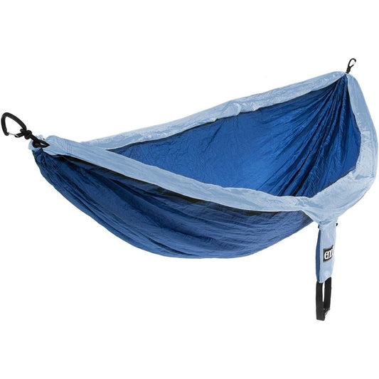 ENO DoubleNest hammock in powder blue and royal blue colors with compression sack and carabiners