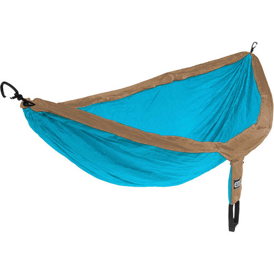 ENO DoubleNest hammock in teal and khaki colorway with compression sack and carabiners