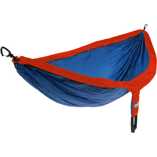 ENO DoubleNest hammock in sapphire blue and orange colors with attached compression sack and carabiners