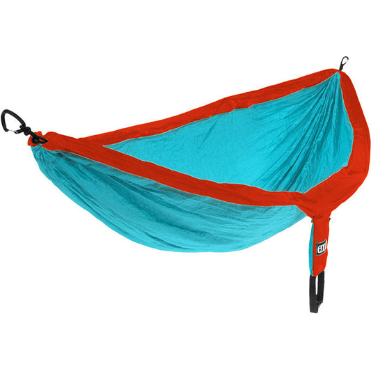Eagles Nest Outfitters DoubleNest hammock in aqua and red colorway with attached compression sack and carabiners