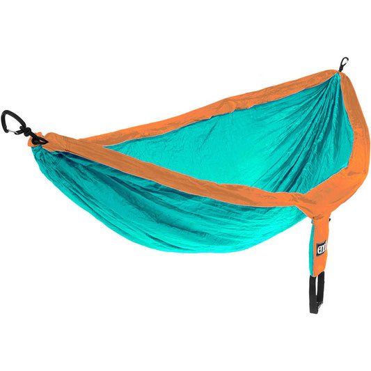 ENO DoubleNest hammock in copper and aqua colors with attached compression sack and carabiners