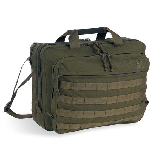 Tasmanian Tiger Document Bag with MOLLE webbing, shoulder strap, and laptop compartment in tactical design