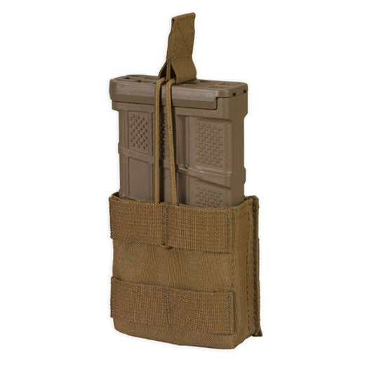 Chase Tactical single 7.62 caliber magazine pouch with MOLLE attachment system in tactical configuration