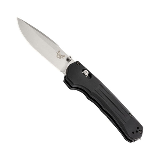 Benchmade 427 Mini Vallation folding knife with satin blade and black aluminum handle showing glass breaker