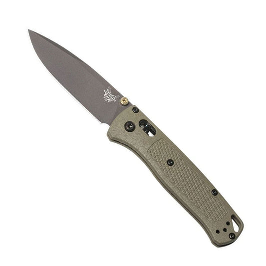 Benchmade 535GRY-1 Bugout folding knife with gray coated blade and ranger green Grivory handle scales
