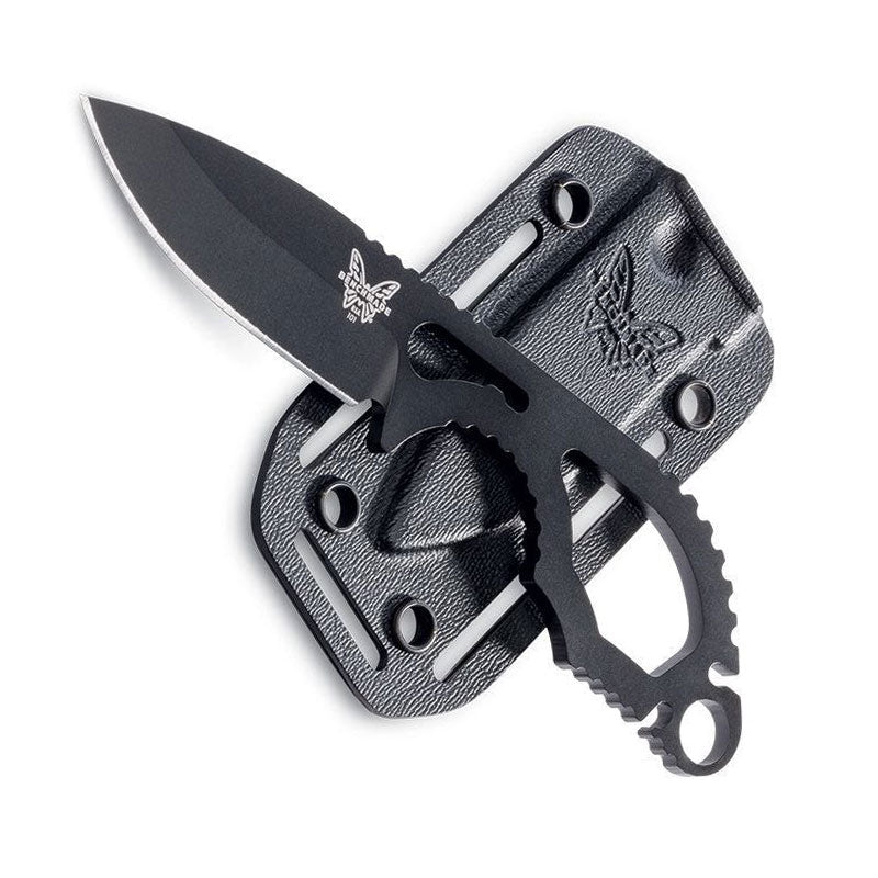 Benchmade 101BK Follow-Up fixed blade knife with black coated drop point blade and skeletonized steel handle