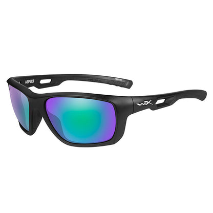 Wiley X Aspect polarized sunglasses with emerald mirror lenses and matte black frame showing ballistic eye protection