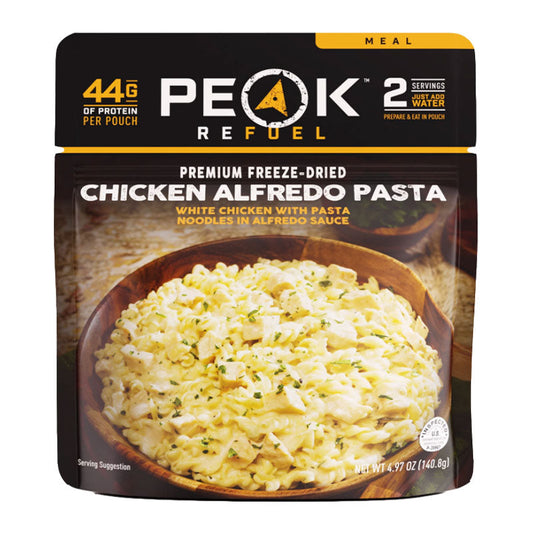 Peak ReFuel Chicken Alfredo freeze-dried meal pouch showing 44g protein and 690 calories per package