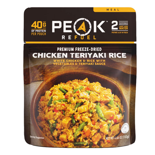 Peak Refuel Chicken Teriyaki Rice freeze-dried meal pouch with 44 grams protein