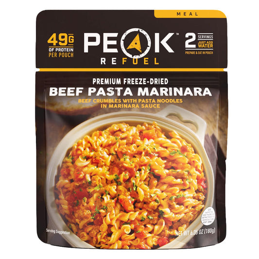 Peak Refuel Beef Pasta Marinara freeze-dried meal pouch showing 49g protein and 990 calories per package