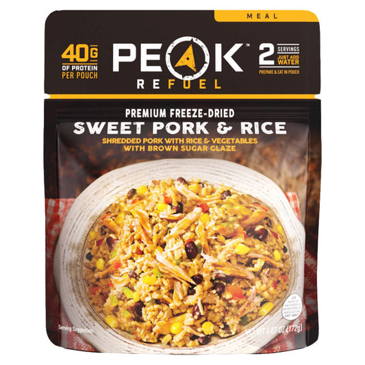 Peak Refuel Sweet Pork and Rice freeze-dried meal pouch with 40 grams protein for camping and backpacking