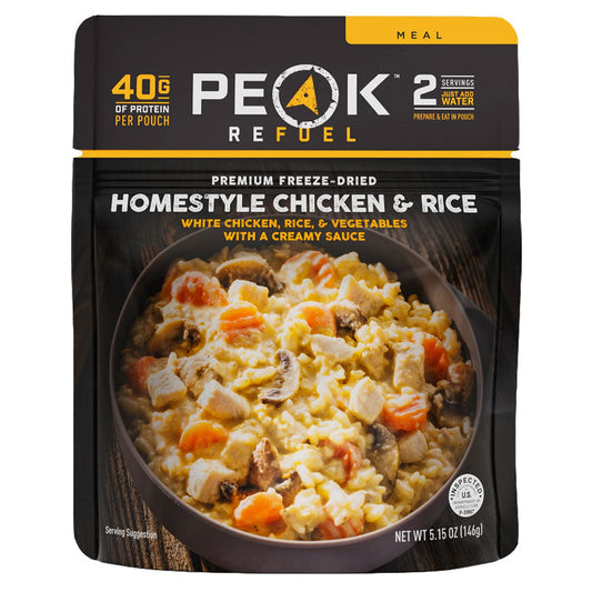 Peak Refuel Homestyle Chicken & Rice freeze-dried meal pouch with 40g protein for camping and outdoor adventures
