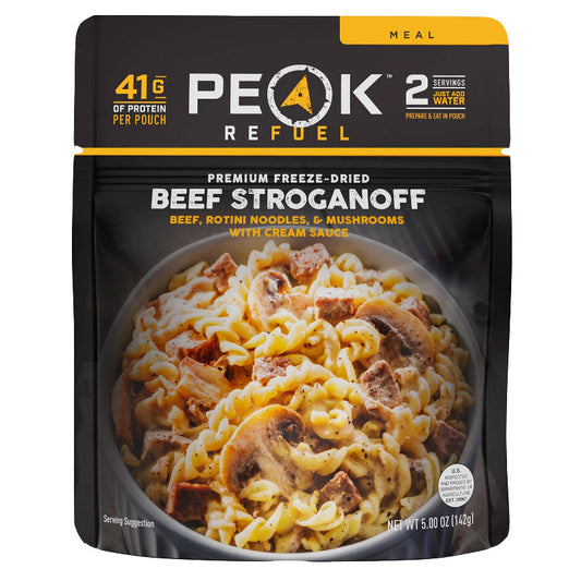 Peak ReFuel Beef Stroganoff freeze-dried meal pouch with beef stroganoff and spiral noodles