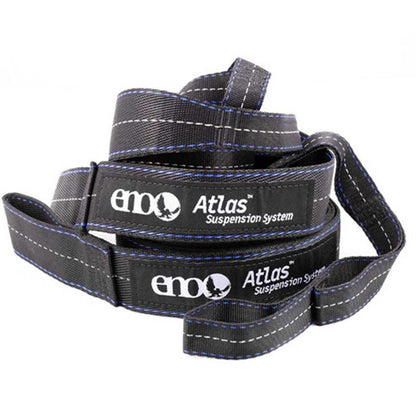 ENO Atlas hammock suspension system with black and royal blue webbing straps and reflective stitching
