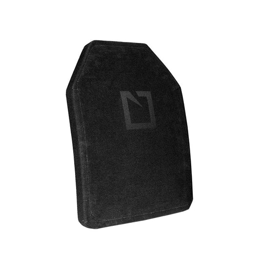 Hesco 4401 Level IV ceramic armor plate with black Cordura nylon wrap, 10x12 inch shooter cut single curve design