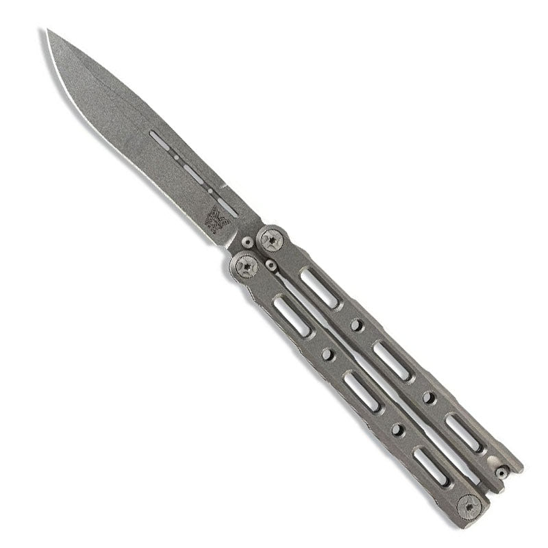 Benchmade 85 Billet Ti Bali-Song butterfly knife with titanium handles and satin finished drop-point blade