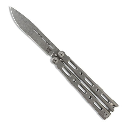 Benchmade 85 Billet Ti Bali-Song butterfly knife with titanium handles and satin finished drop-point blade
