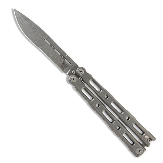 Benchmade 85 Billet Ti Bali-Song butterfly knife with titanium handles and satin finished drop-point blade