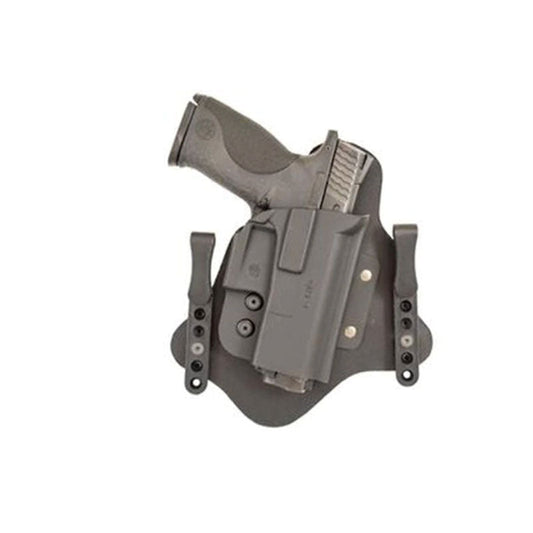 Comp-Tac QH hybrid IWB holster with black Kydex shell and leather backing showing adjustable clips