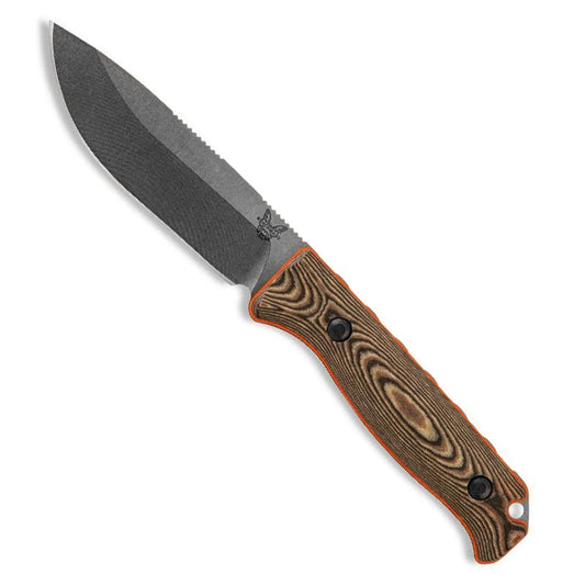 Benchmade 15002-1 Saddle Mountain Skinner fixed blade knife with orange G10 handle accents and black Boltaron sheath