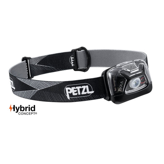 Petzl TIKKA black headlamp with single button control and adjustable head strap for hands-free lighting