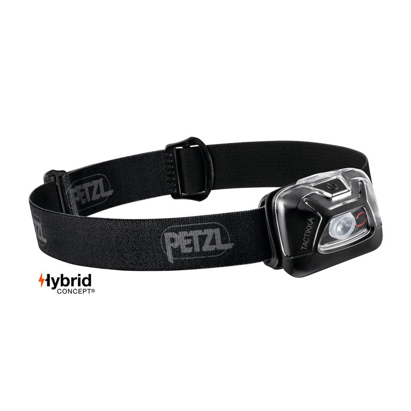 Petzl TACTIKKA black tactical headlamp with adjustable head strap and single control button