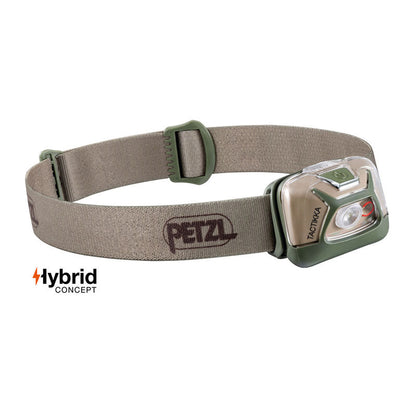 Petzl TACTIKKA tactical headlamp in desert brown color with adjustable headband and single control button