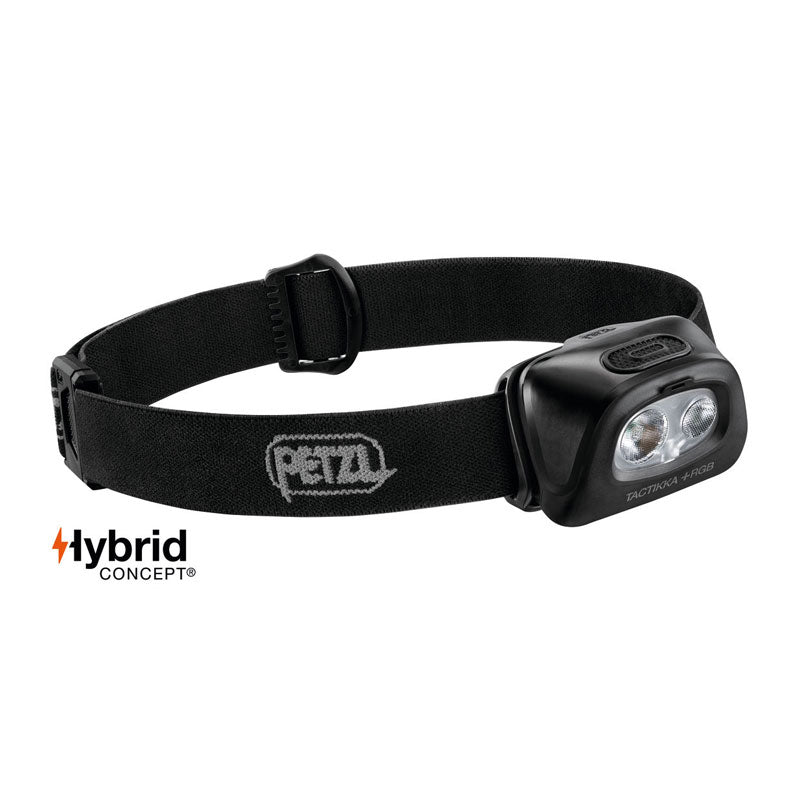 Petzl Tactikka+ RGB tactical headlamp in black with adjustable headband and multi-color LED array