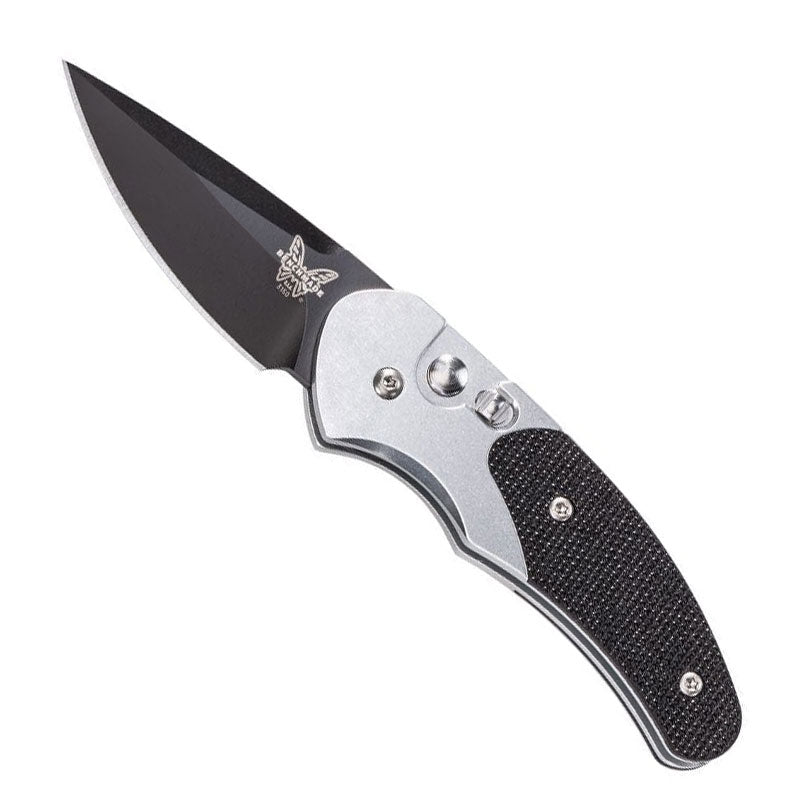 Benchmade 3150BK Impel automatic knife with black blade and silver aluminum handle, tip-down pocket clip