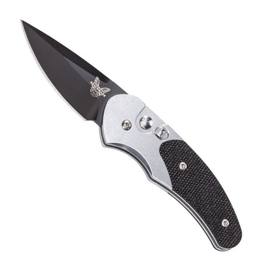 Benchmade 3150BK Impel automatic knife with black blade and silver aluminum handle, tip-down pocket clip
