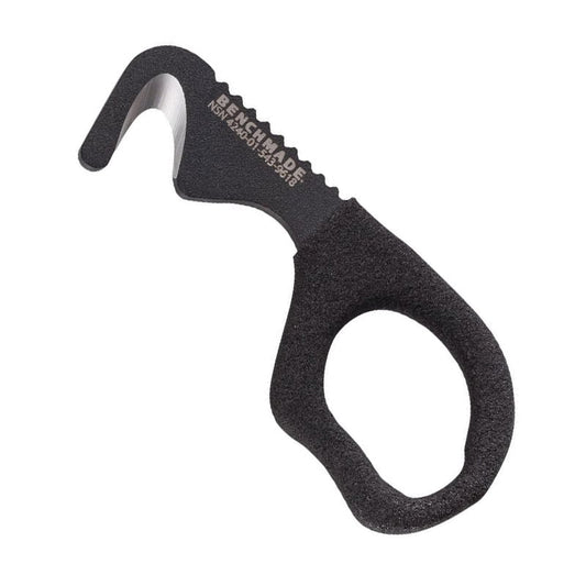 Benchmade 7 BLKWSN hook strap cutter with black handle and sand-colored MOLLE pouch
