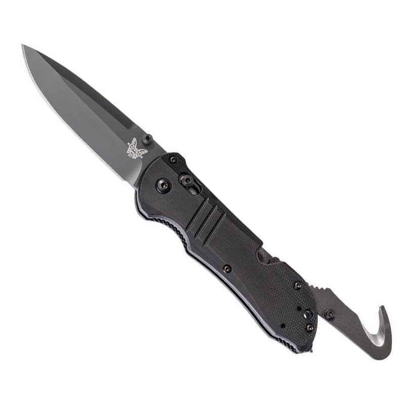 Benchmade 917BK Tactical Triage folding knife with black G10 handle and black coated drop-point blade