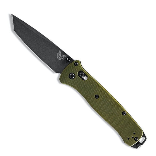 Benchmade 537GY-1 Bailout folding knife with gray coated tanto blade and woodland green aluminum handle