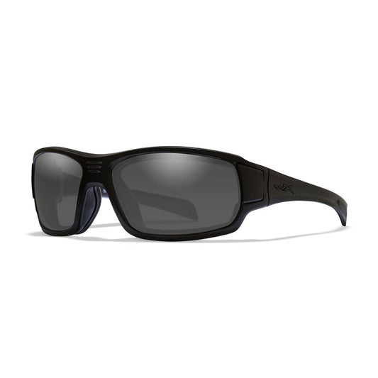 Wiley X Breach tactical glasses with matte black frame and smoke grey lenses showing ventilation system