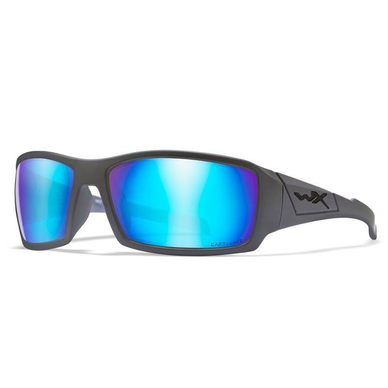Wiley X Twisted ballistic sunglasses with matte grey frame and polarized blue mirror lenses