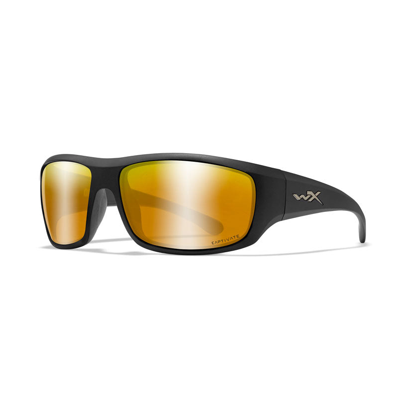 Wiley X Omega sunglasses with matte black frame and bronze mirror polarized lenses on white background