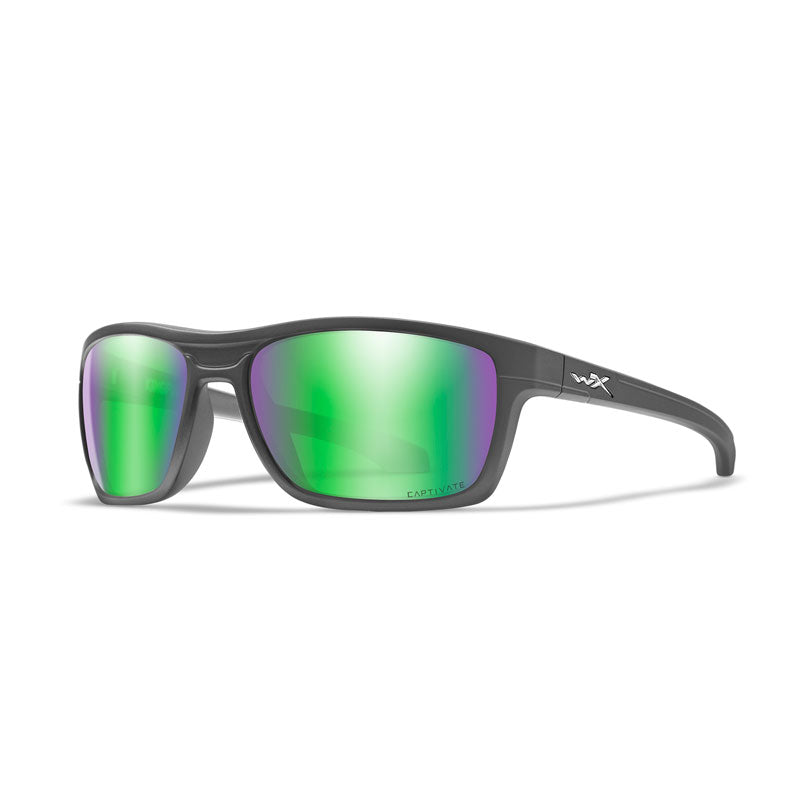 Wiley X Kingpin sunglasses with matte graphite frame and green mirror polarized lenses on white background