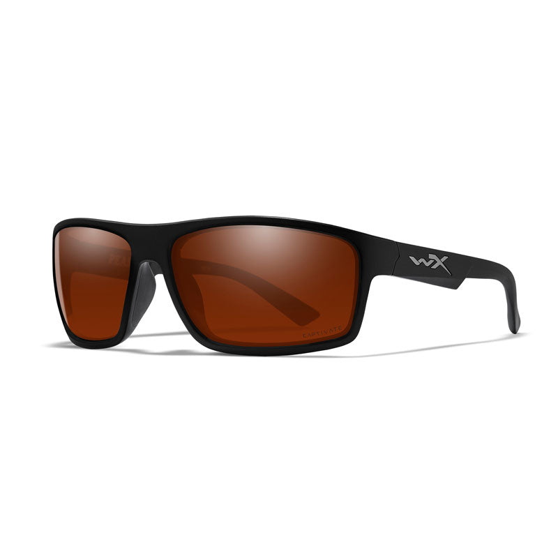 Wiley X Peak sunglasses with matte black frame and Captivate Polarized Copper lenses on white background