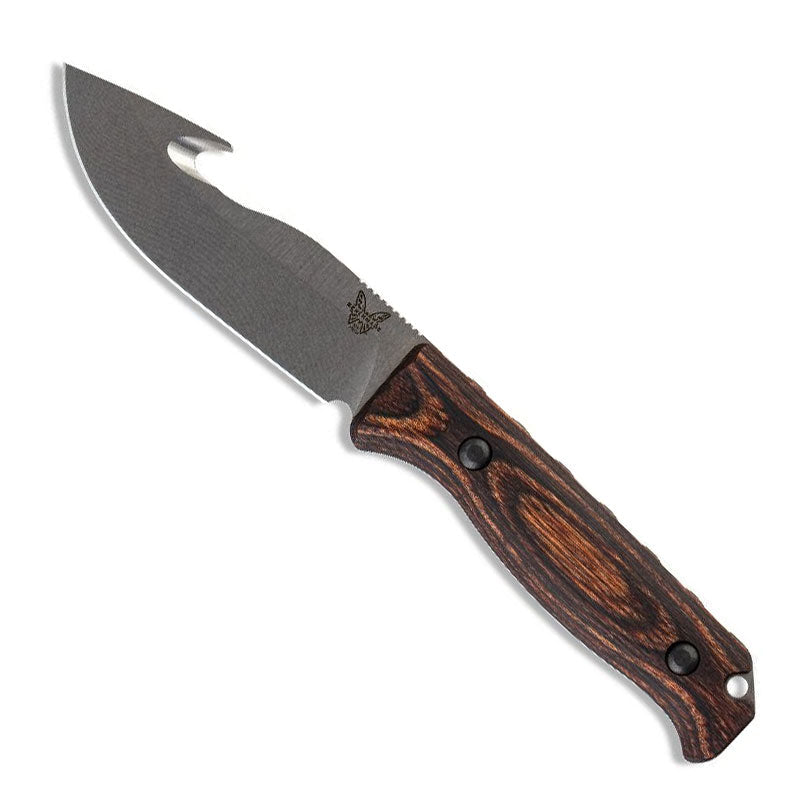 Benchmade 15004 Saddle Mountain Skinner fixed blade knife with stabilized wood handle and leather sheath