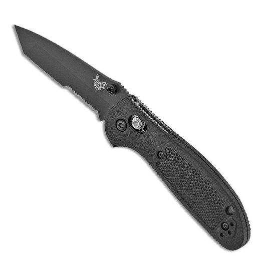 Benchmade 557SBK Mini Griptilian folding knife with black tanto blade and textured polymer handle