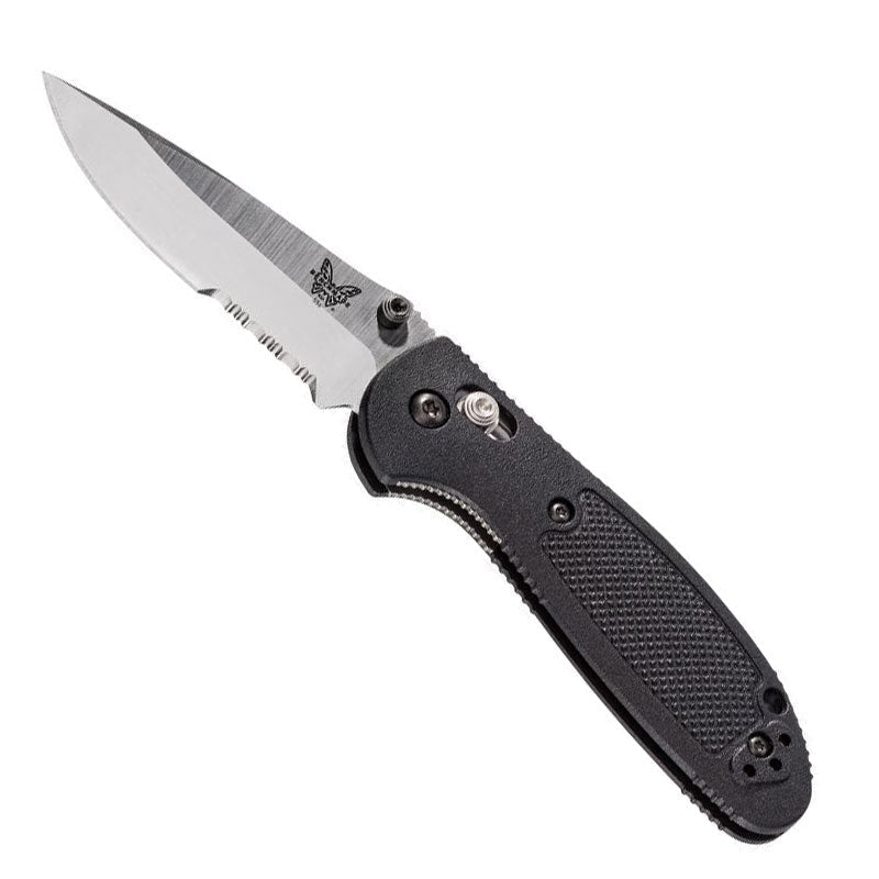 Benchmade 556S Mini Griptilian folding knife with black handle and serrated blade