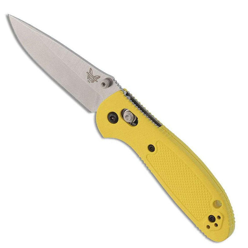 Benchmade Mini Griptilian folding knife with yellow handle and satin finished drop-point blade