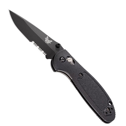 Benchmade Mini Griptilian folding knife with black coated serrated blade and black nylon handle
