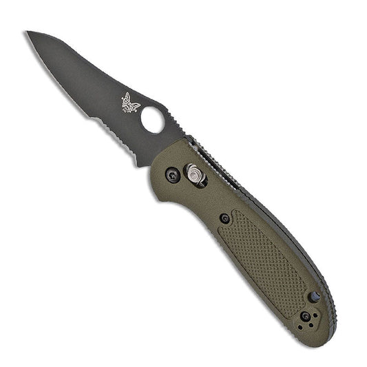 Benchmade Mini Griptilian folding knife with black blade and OD green handle, pocket clip visible