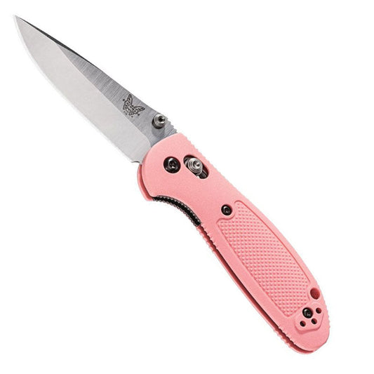 Benchmade Mini Griptilian folding knife with pink nylon handle and satin finished drop-point blade