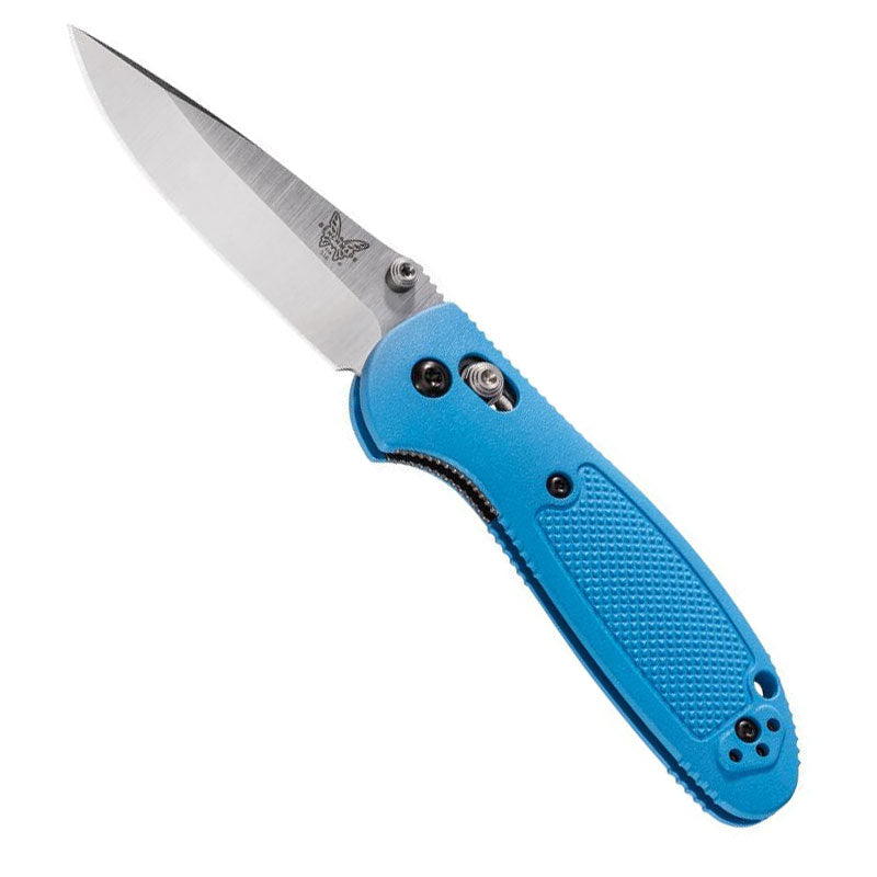 Benchmade Mini Griptilian folding knife with blue handle and satin finished drop-point blade