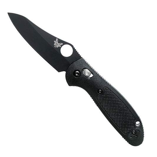 Benchmade Mini Griptilian folding knife with black handle and satin finished sheepsfoot blade in open position