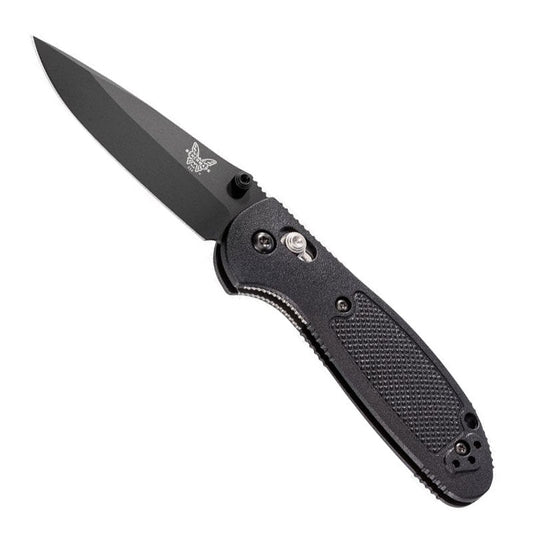 Benchmade 556BK-S30V Mini Griptilian folding knife with black coated drop-point blade and black nylon handle
